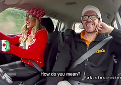 Huge tits blonde has Xmas driving school fuck