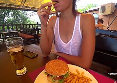 Eating Burger and Flashing in the Cafe Transparent T-shirt no Bra (teaser)