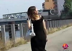 Noisy skinny cutie flashes her bushy pussy when sharking fella grabs her dress