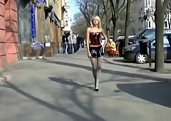 super-hot blond bitch in tight leather miniskirt / minidress upskirt ass showed